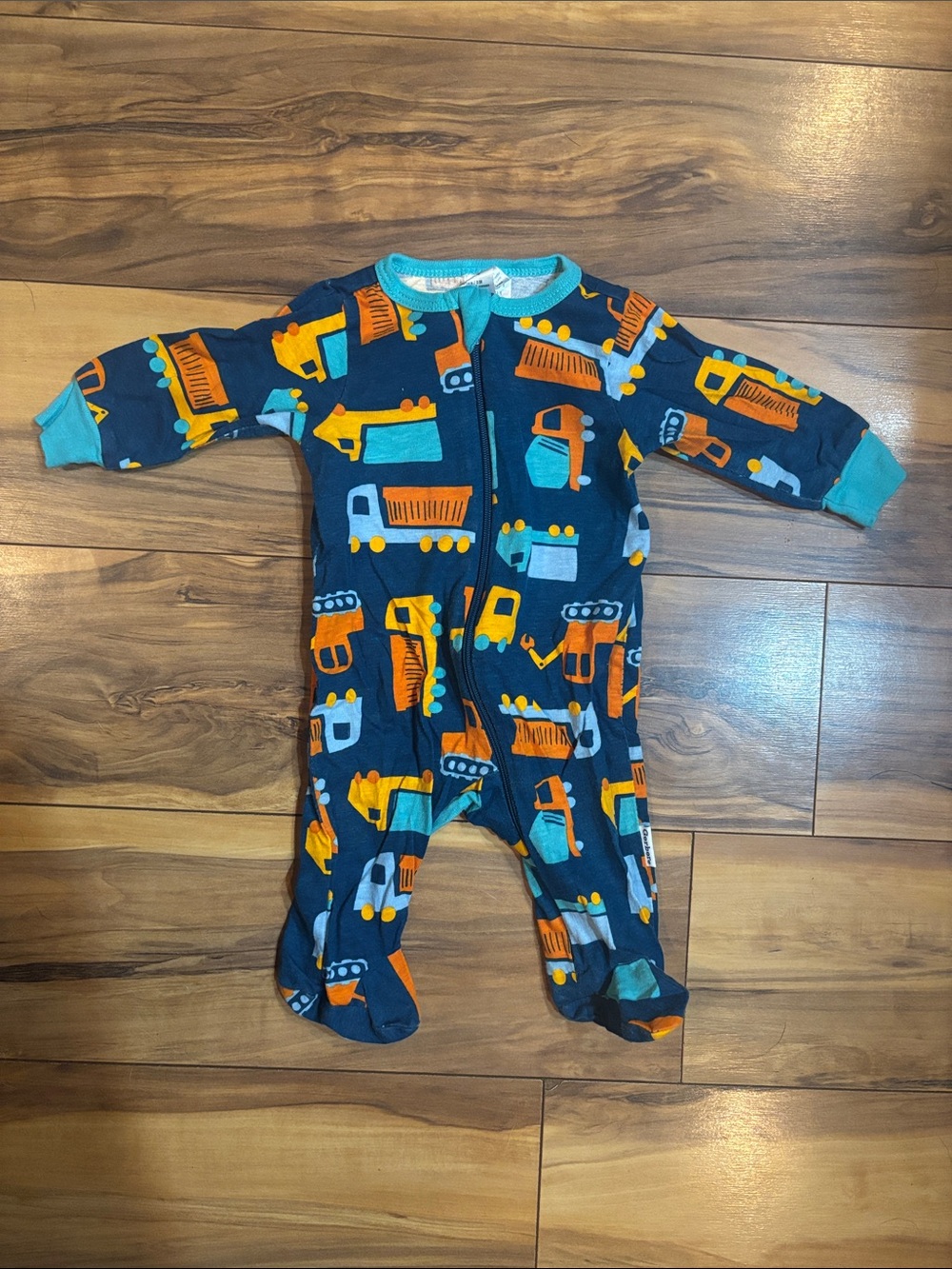 Gerber Navy Blue Construction Trucks Footed Sleeper with Teal Trim